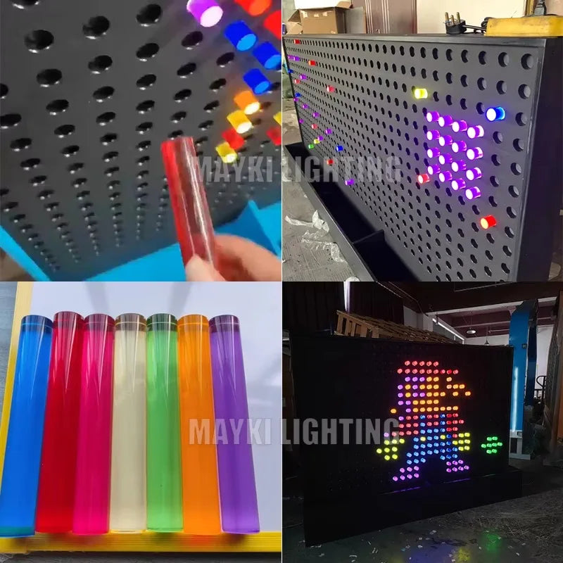 Four images display the High Quality Snoezelen Sensory Room Toy Light LED Acrylic Peg Board Interactive Sensory Wall Panel for Kids with Autism, showing colorful translucent pegs forming designs like a person. A hand is seen holding a red peg—perfect for sensory rooms.