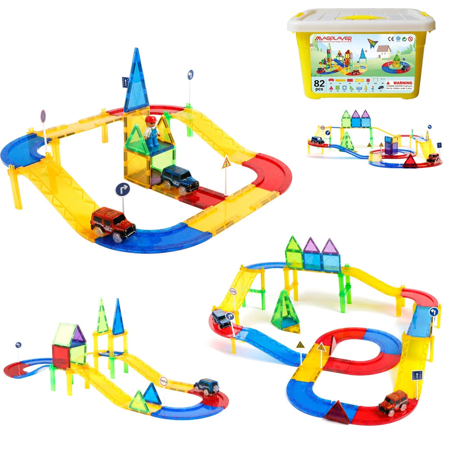 A vibrant Magnetic Building Blocks with Cars set featuring loops, ramps, and elevated paths to boost fine motor skills. Includes blue, yellow, and red triangles and rectangles. Comes as an educational sensory toy with a storage box displaying images in the background for kids aged 3-8.