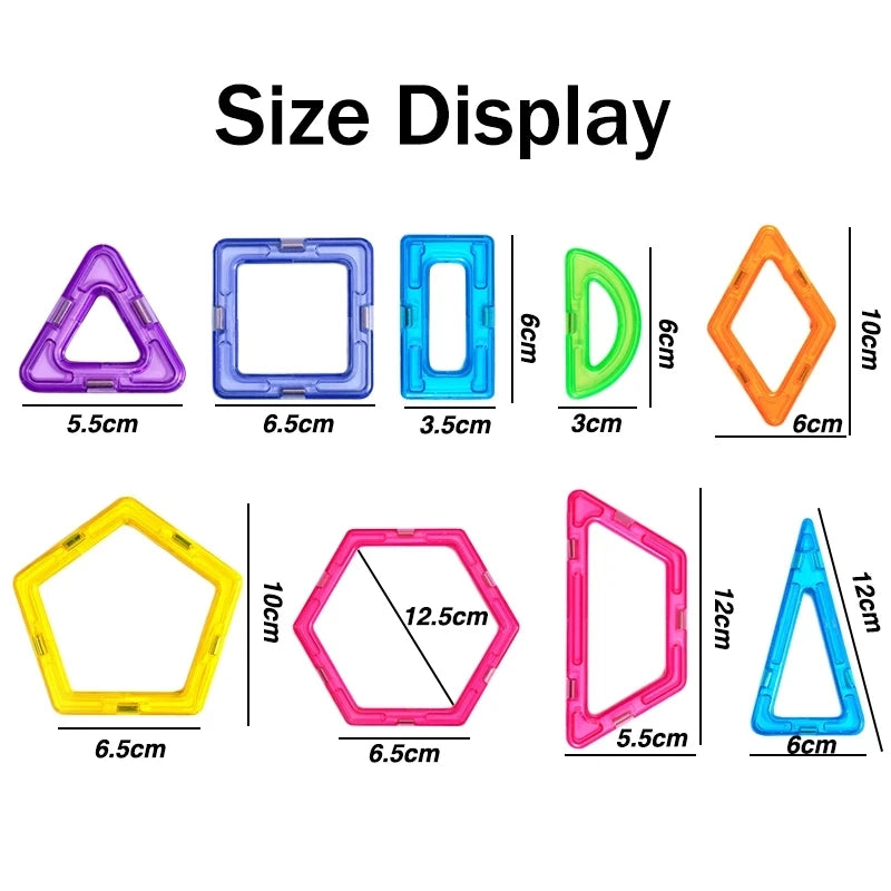 Illustration of vibrant geometric shapes, crafted from durable and safe materials, featuring triangles, squares, pentagons, and more. Sizes range from 5.5 cm to 12 cm with Size Display text. Ideal for STEM learning! Product: Giant Magnetic Building Blocks Set for Kids - Creative Constructor Toys.