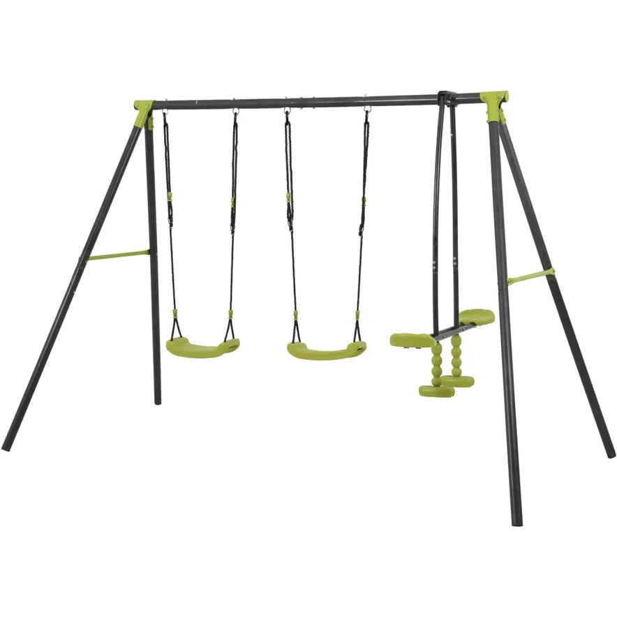 The interesting triple children metal safe swing set holds up to 440lbs, features three black and green seats for kids ages 3+, and is ideal for outdoor playgrounds with easy assembly and chemical-free materials.