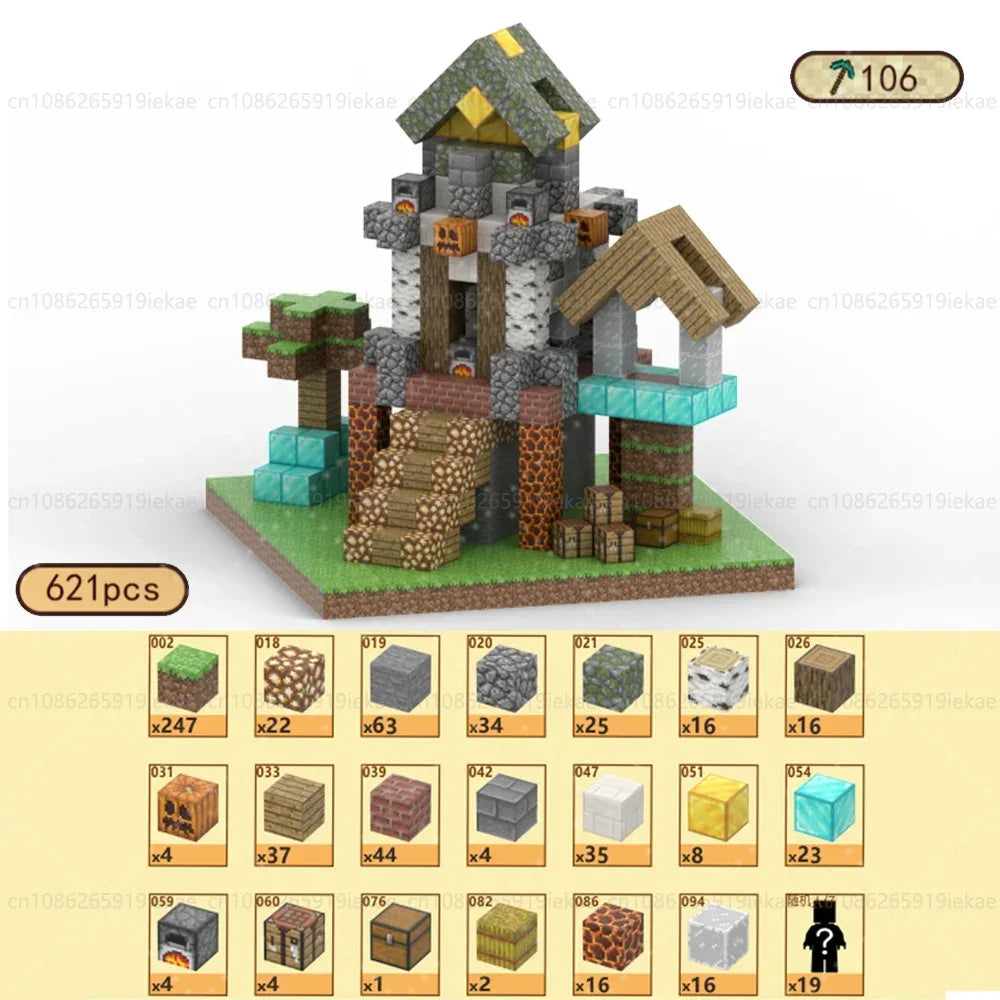 The Magnetic Building Blocks Mine World Magnet Cube Set (T106-621PCS) includes 621 pieces to create a stone and wood castle with ramp, roof, trees, glowing blocks, and comes with an inventory showing quantities and images of each block type.
