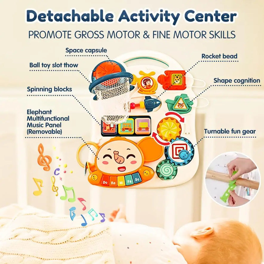 The VATOS Baby Walker 5 in 1 is a colorful unisex activity center with spinning blocks, ball hoop, rocket bead, shape sorter, and musical elephant panel. A baby lies nearby reaching for the toy as music notes float around.