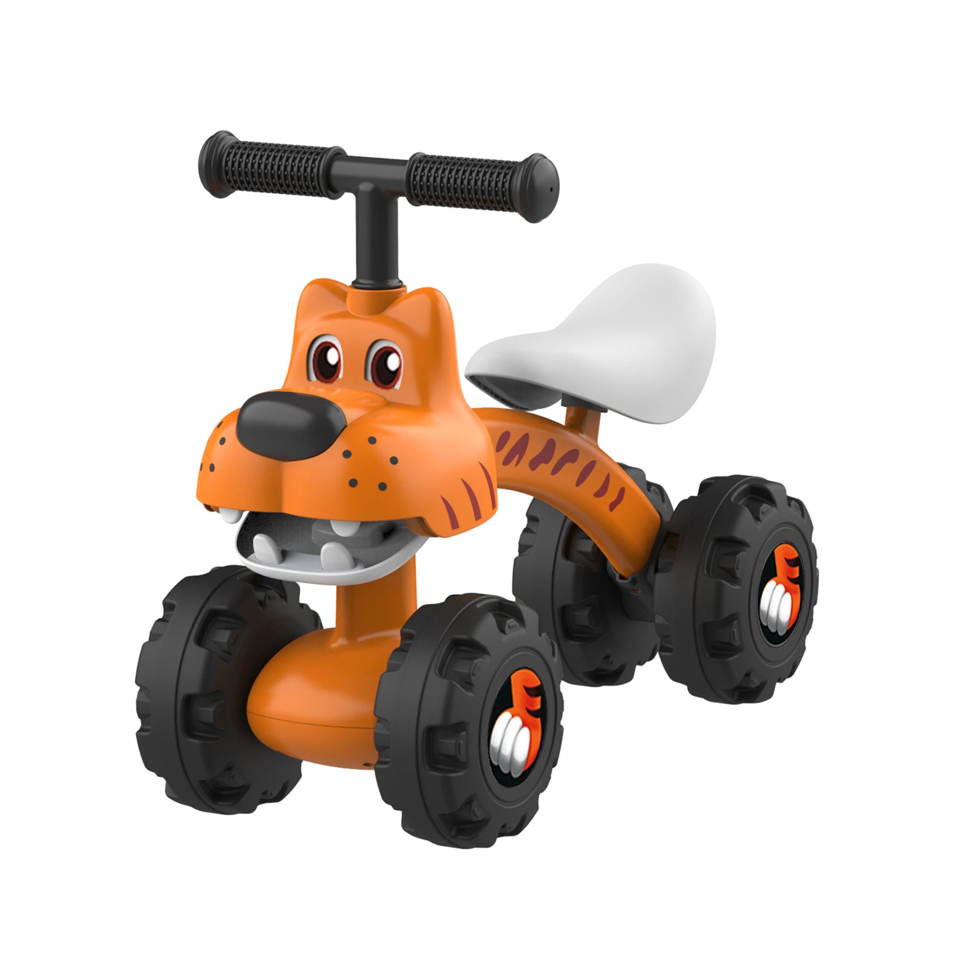 The Baby Balance Bike With 4 Wheels For Toddlers Ages 12 To 36 Months features a tiger design, white seat, and large black tires—an ideal first birthday gift that helps develop gross motor skills.