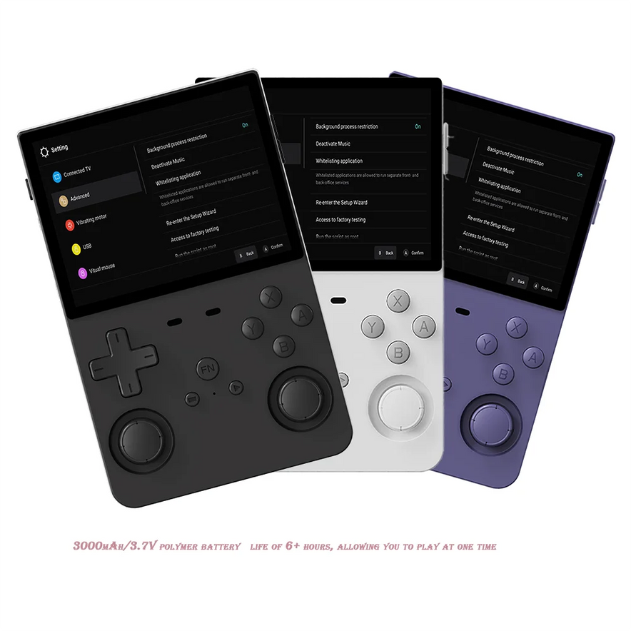 Three L35 Retro Handheld Open Source Emulators in black, white, and purple are shown side by side. Each displays settings on screen with classic D-pad controls. Text below highlights their impressive battery life and 10,000 classic games.
