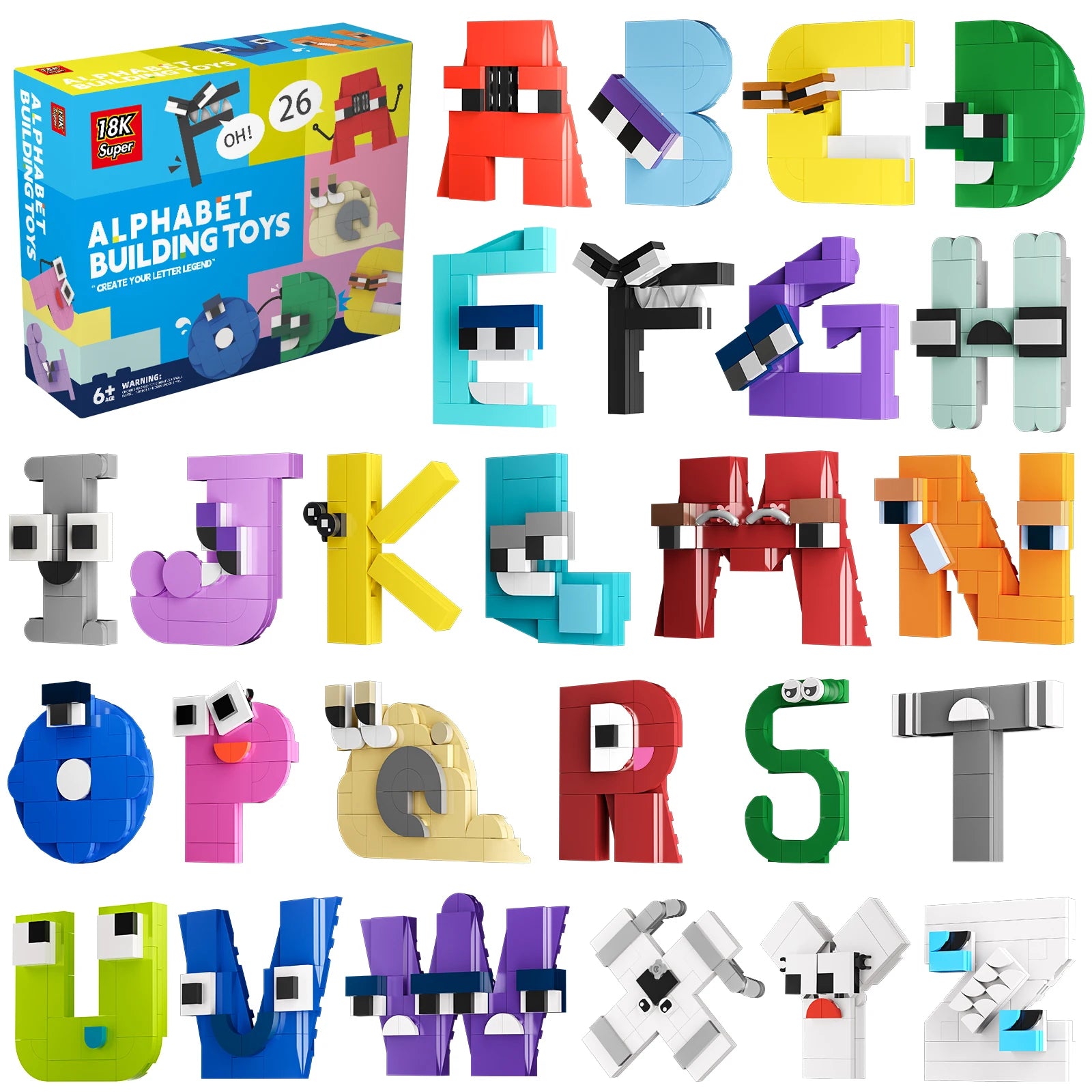The Gobricks MOC Letters Lore A-Z English Alphabet Building Blocks Set features interlocking blocks with eyes and faces, arranged from A to Z next to the product box—an educational toy for children ages 6 and up.