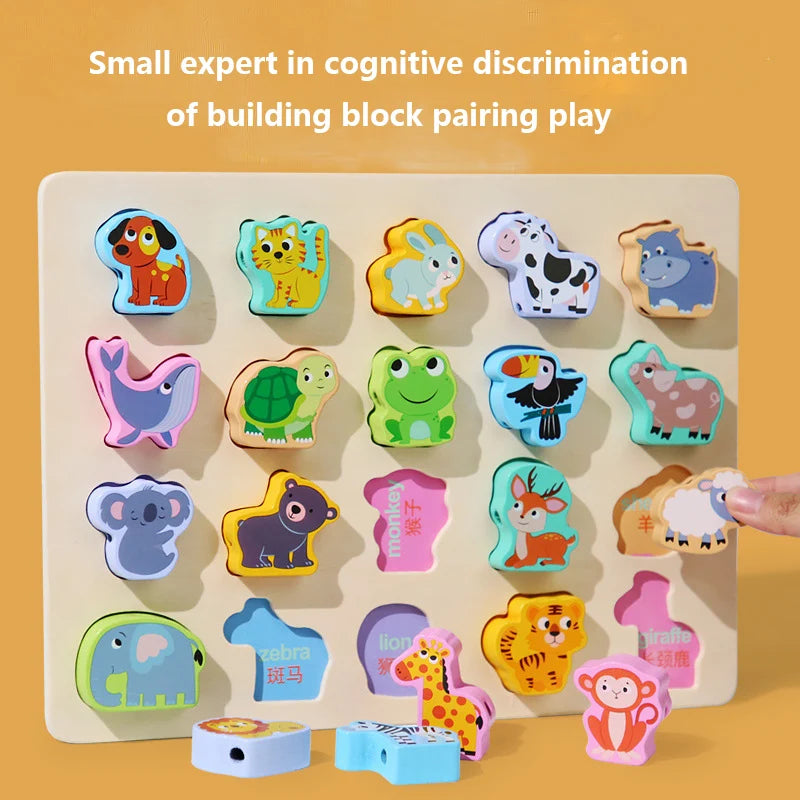 The New Children Wooden Toys Baby Diy Toy features animal-shaped blocks, like a dog, tiger, and cow, that fit into matching cutouts. A hand places a block on the board, promoting imaginative play and cognitive development.