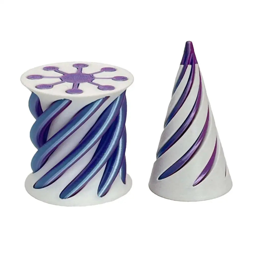 The Impossible Cone Sensory Fidgets Toy features a purple 3D-printed cylindrical piece with a snowflake top and a matching cone pyramid passthrough sculpture, perfect as unique desktop decor or stress relief toys, set on a white background.