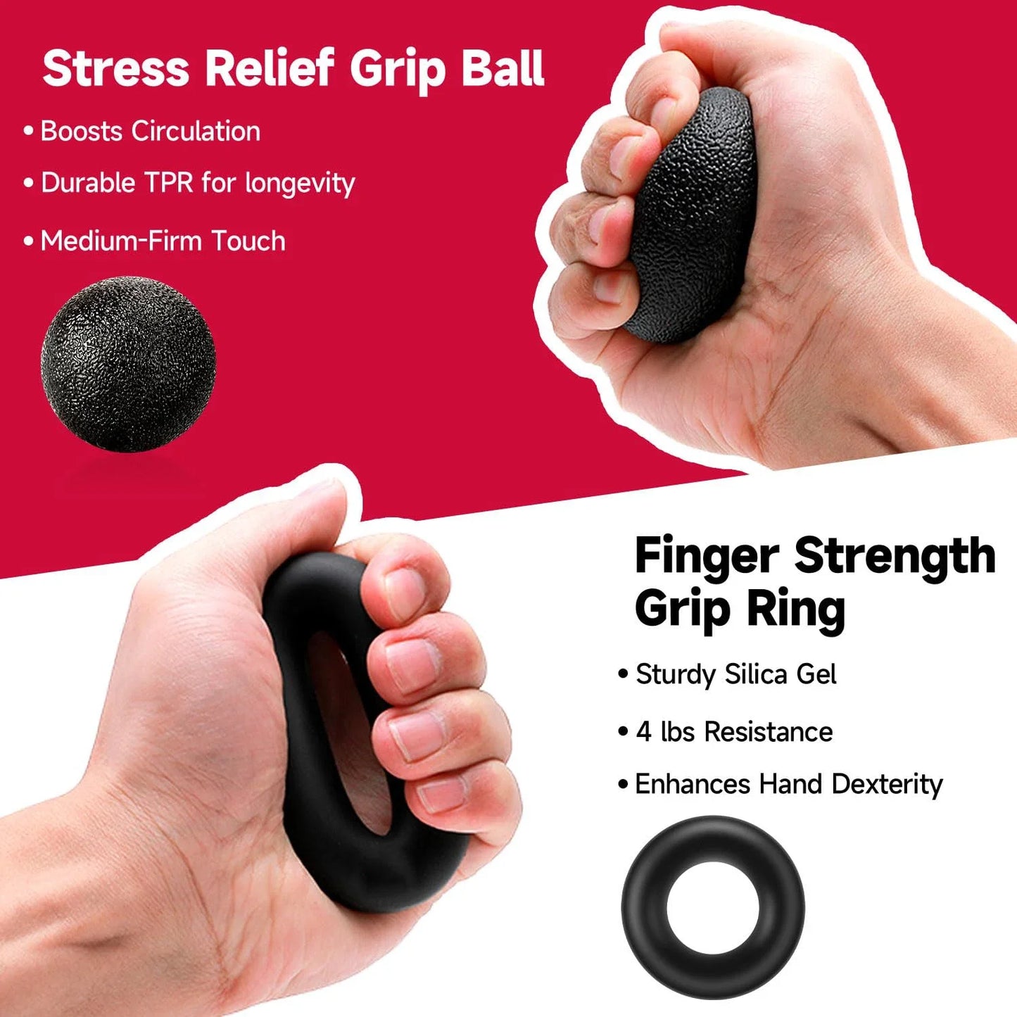 Two images show a hand squeezing a black TPR stress relief grip ball and a finger strength ring. Text highlights resistance features: the ball boosts circulation, while the Adjustable Hand Grip Strengthener for Muscle Development and Injury Recovery offers 4 lbs resistance in sturdy silica gel.