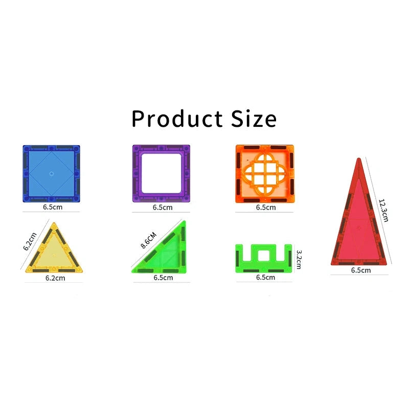 Diagram highlighting diverse geometric shapes with dimensions: blue square (6.5cm), purple square frame (6.5cm), orange grid square (6.5cm), yellow triangle (6.2cm), green right triangle (8.6cm), red triangle (12.3cm), and green polygon (5.2cm). Ideal for use with the Creative Magnetic Building Blocks Set!.