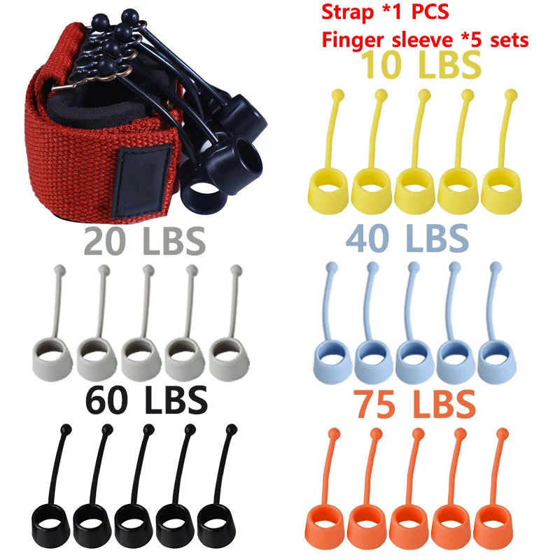 The Forearm Grip Strengthener is perfect for strength training, offering color-coded resistance bands: yellow (10 lbs), gray (20 lbs), white (30 lbs), blue (40 lbs), gray (60 lbs), and orange (75 lbs). It includes a red strap and five black finger sleeves to enhance grip power.