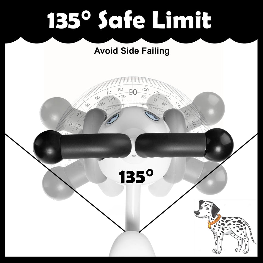 Diagram of the Baby Balance Bike With 4 Wheels For Toddlers Ages 12 To 36 Months showing a handlebar with a 135° Safe Limit to help avoid side falling, featuring a cartoon Dalmatian and protractor-style arc for boosting gross motor skills.