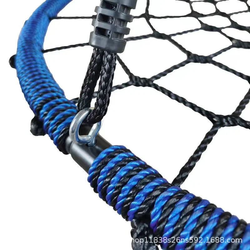 Close-up of the Diameter 100CM Round Nest Rope Swing Indoor Outdoor Hanging Chair for Climbing Exercise and Play, featuring a black metal frame with blue and black rope, metal ring, and netting—ideal for indoor or outdoor recreation.