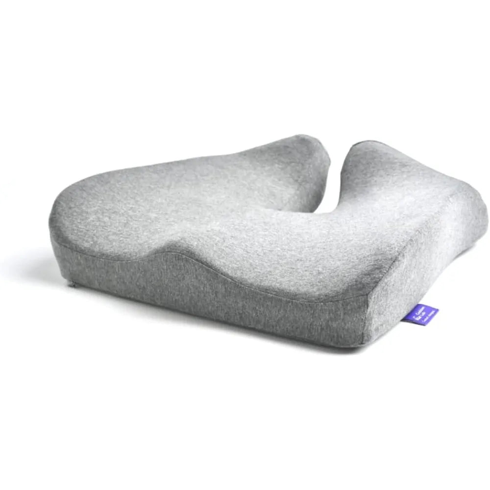 The Cushion Lab Patented Pressure Relief Seat Cushion features a gray contoured memory foam design with a U-shaped cutout, soft textured 100% cotton cover, and blue tag. Perfect for ergonomic seating and comfort during long sitting hours on office chairs, home chairs, cars, or wheelchairs.