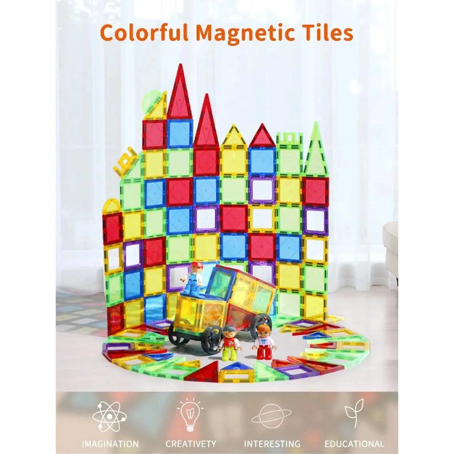 A display of vibrant Magplayer Magnetic Building Blocks forms a castle on a circular base. Toy figures and a vehicle are in front, with Colorful Magnetic Tiles above. Icons below emphasize imagination, Montessori-inspired creativity, and educational benefits.