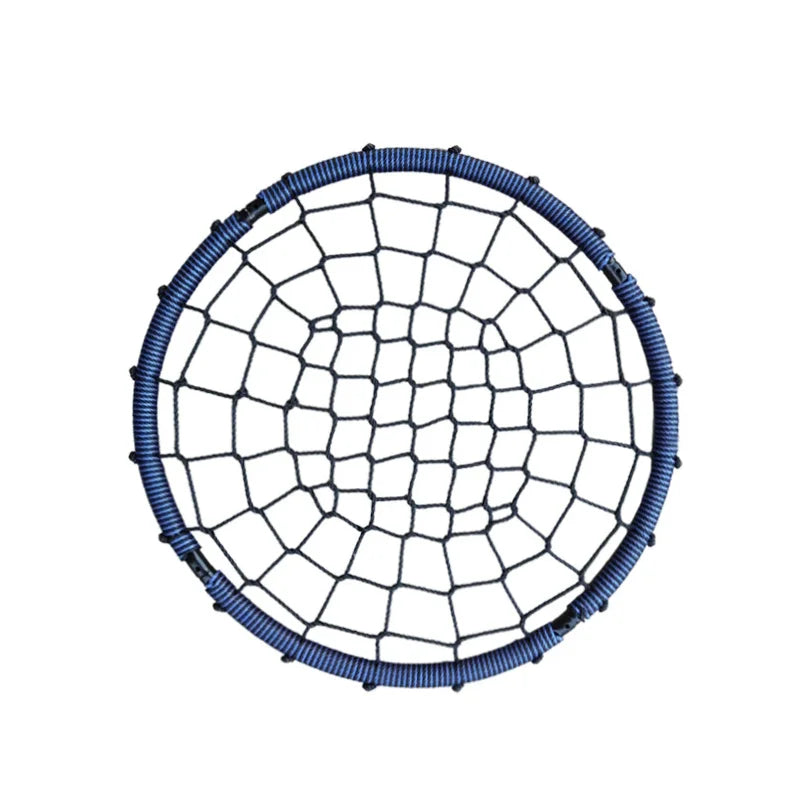 The Diameter 100CM Round Nest Rope Swing Indoor Outdoor Hanging Chair for Climbing Exercise and Play has a black webbed net center, blue padded outer ring, and is shown on a white background—ideal for indoor and outdoor fun.