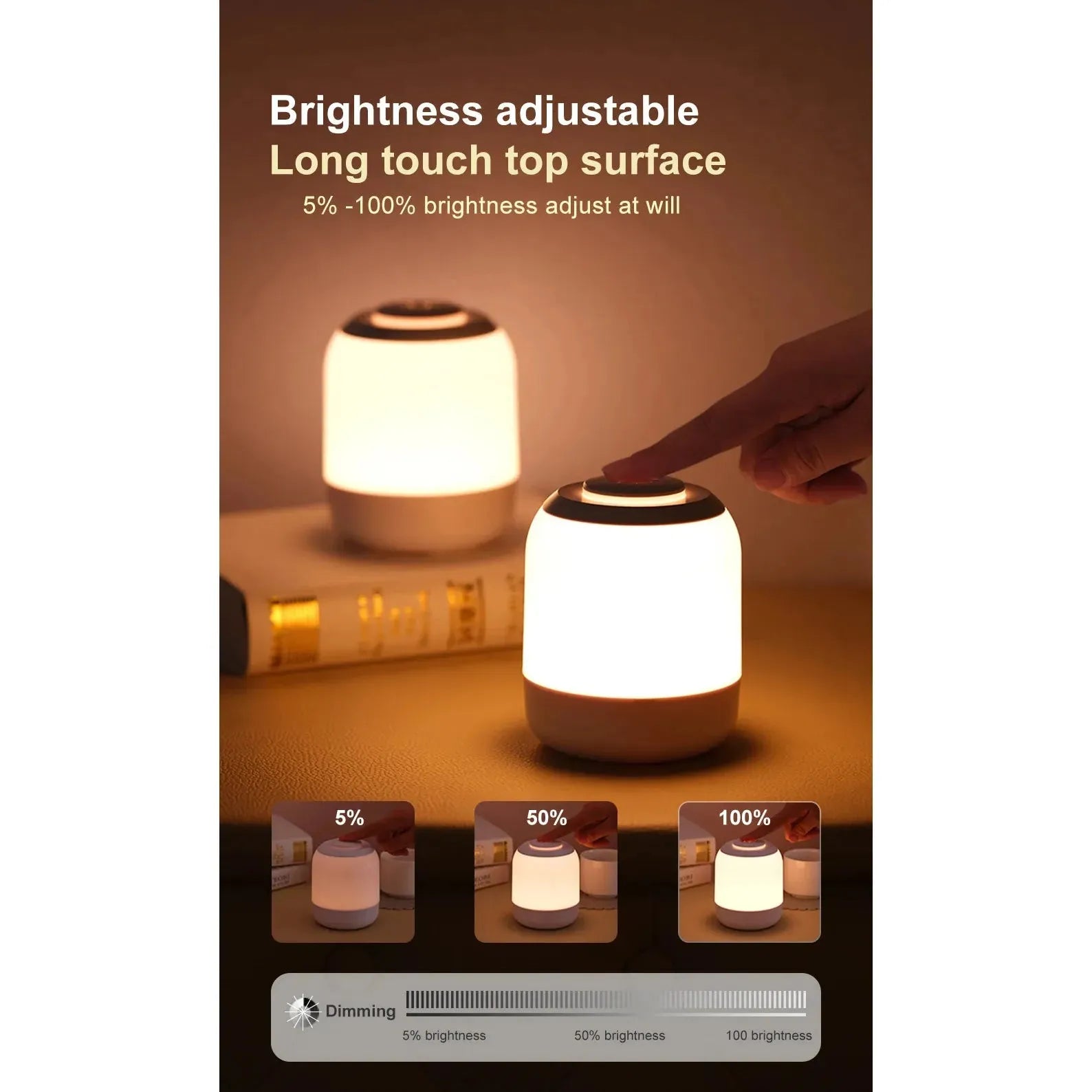 Two Touch Control LED Night Light Lamps are shown with a hand tapping one. Icons depict 5%, 50%, and 100% brightness settings with a dimming slider. These USB rechargeable lamps provide perfect lighting flexibility for kids and babies with ease.