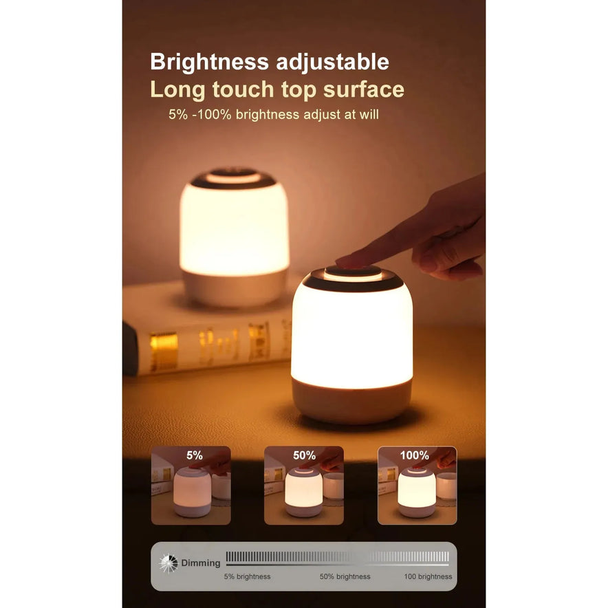Two Touch Control LED Night Light Lamps are shown with a hand tapping one. Icons depict 5%, 50%, and 100% brightness settings with a dimming slider. These USB rechargeable lamps provide perfect lighting flexibility for kids and babies with ease.