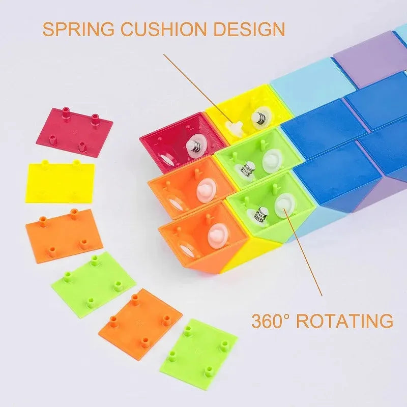 The Rainbow Transformable Fidget Snake Cube, an engaging brain teaser for kids with 24/48 segments, features colorful interchangeable panels and a Spring Cushion Design with a 360° Rotating capability, offering vibrant panels in red, yellow, green, and orange.