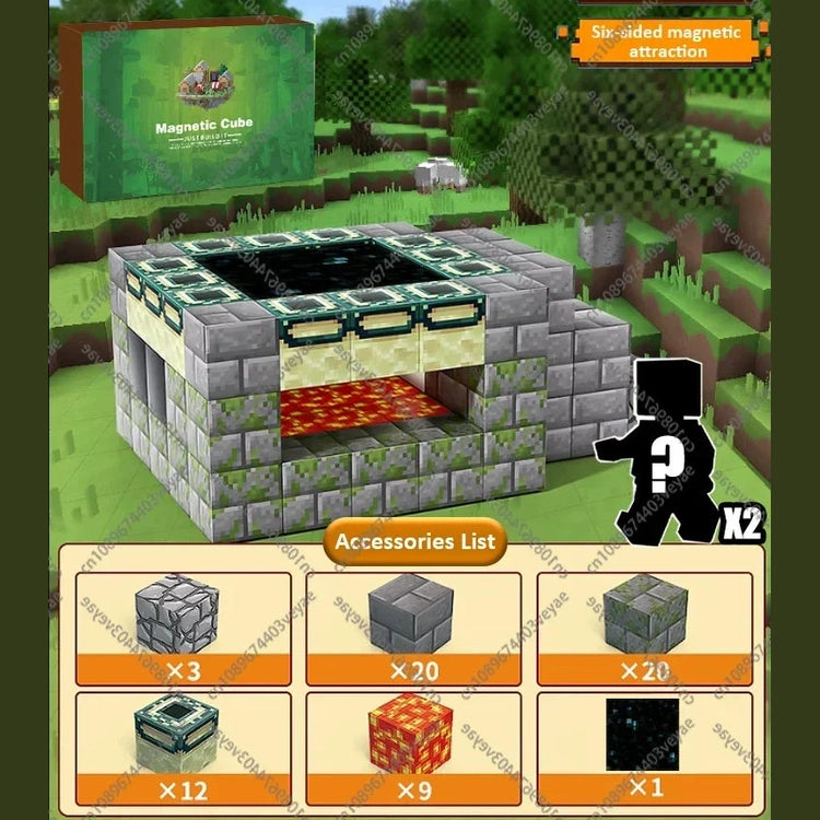 A box labeled Magnetic Building Blocks Mine World Magnet Cube Set for Kids Ages 3 and Up (Color: T041-64PCS) shows a blocky stone portal with lava, stone blocks, two mystery figure silhouettes, and accessories at the bottom.