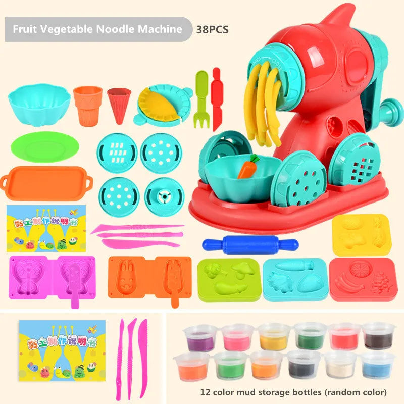 Creative Kids Clay Toy Set: 12-color plasticine tool set with a hamburger, noodle, and ice cream machine for DIY play. Includes molds, plates, and utensils; made from non-toxic materials with vibrant dough stored in containers.