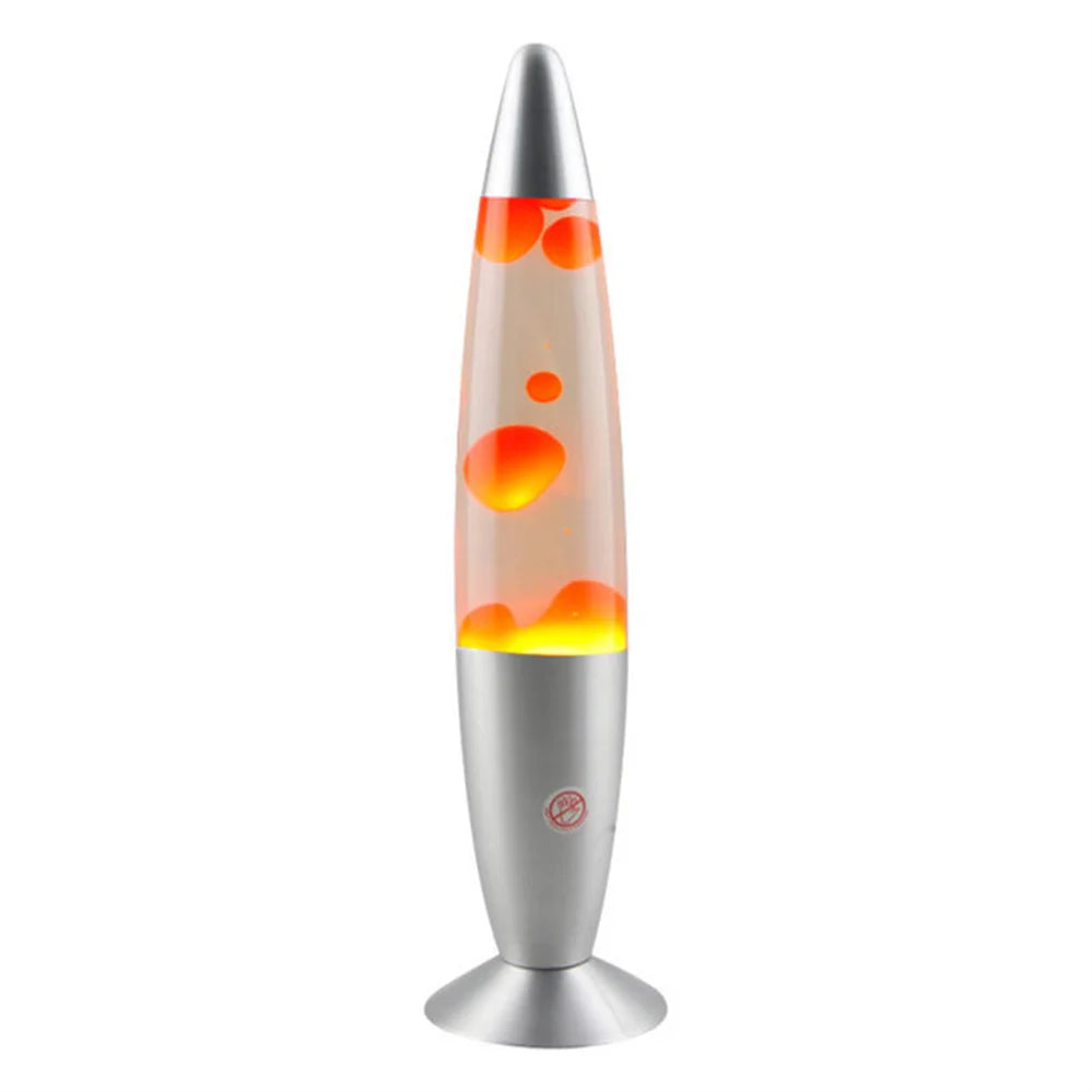 A Mesmerizing Jellyfish Lava LED Night Light features a silver aluminum alloy finish with orange blobs in clear glass, perfect for kids rooms and home ambiance.