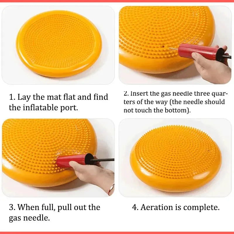 Four images show inflating a spiky, orange balance stone using a red hand pump: 1. Locate the port. 2. Insert needle three-quarters in. 3. Remove needle when full. 4. Inflation complete, ready to enhance your Montessori Sensory Integration Training Balance Stones experience!.