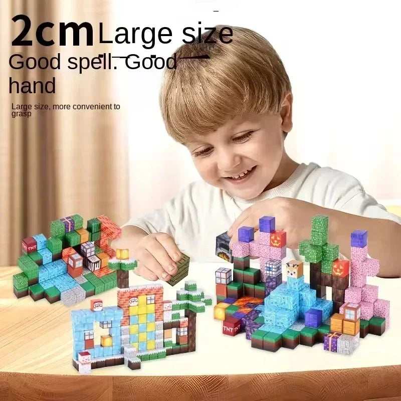 A smiling boy plays with colorful Magnetic Building Blocks Mine World Magnet Cube Set for Kids Ages 3 and Up, a DIY Montessori STEM educational sensory toy that’s compact, convenient, and inspired by video game elements.
