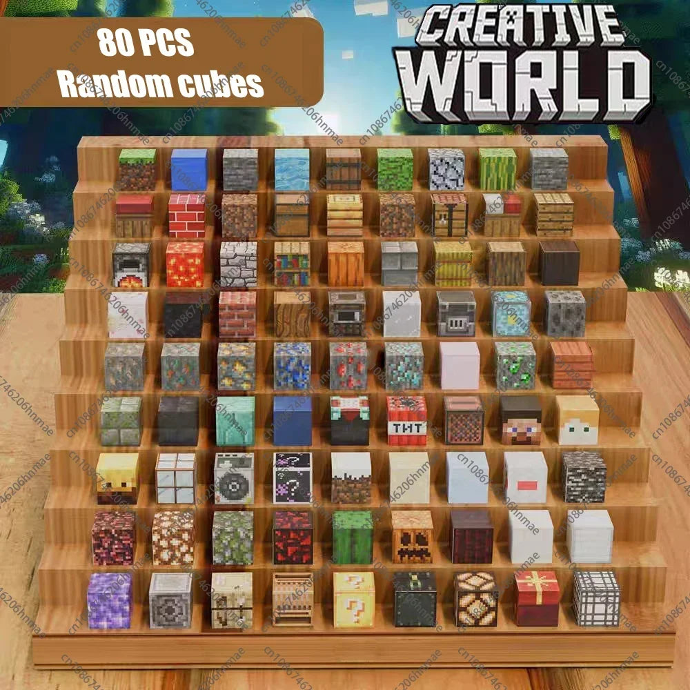 A wooden display holds 80 random-color cubes labeled Magnetic Building Blocks Mine World Magnet Cube Set, a Montessori STEM toy for kids ages 3+, inspiring creativity with pixelated, Minecraft-inspired designs.