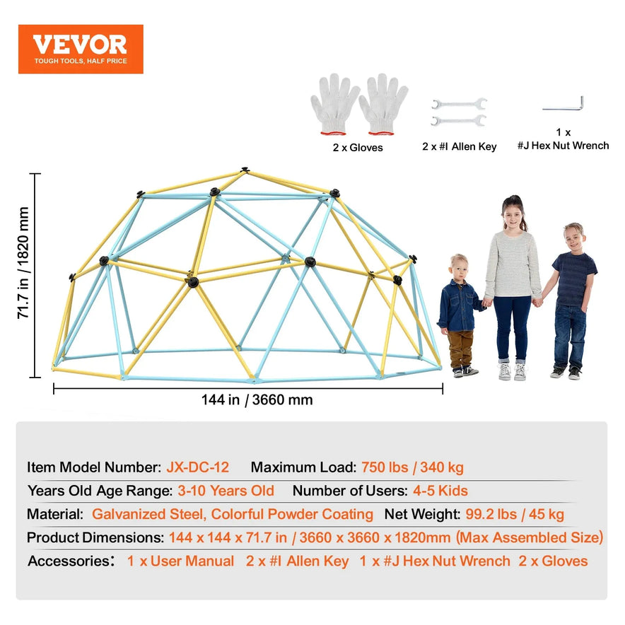 Children stand beside a vibrant VEVOR Geometric Dome Climber with Hammock Swing, an outdoor jungle gym featuring dimensions, weight capacities, and age range. It includes gloves, Allen keys, hex nut wrench, and an Allen key wrench. The Vevor logo appears in the top left corner.