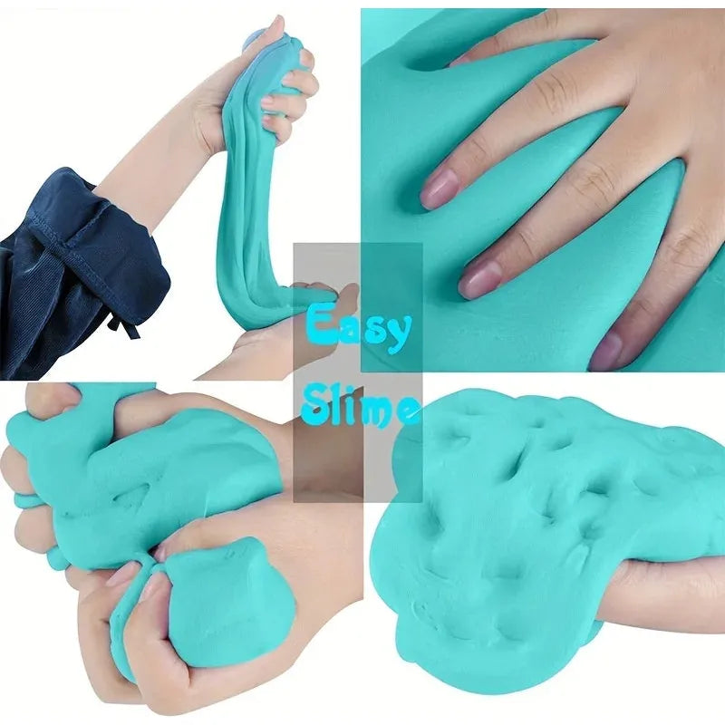 Close-up collage of hands playing with stretchy turquoise Sensory Butter Slime. The non-sticky slime is pulled, squeezed, and molded to showcase its elastic texture. Text in the center reads Easy Slime.