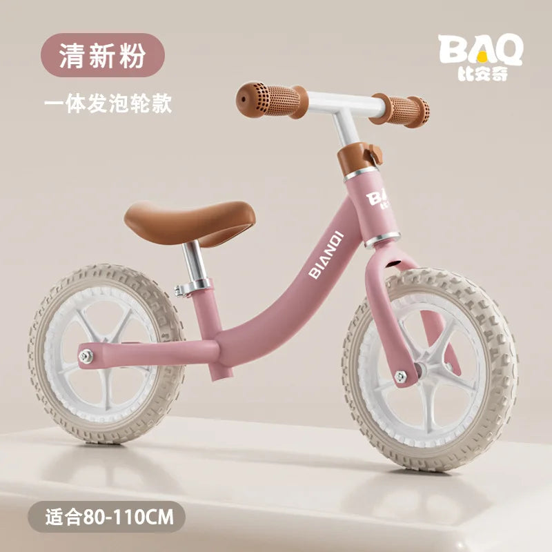The Magnesium Alloy Toddler Balance Bike features a curved pink frame with two beige 12-inch wheels, brown seat and handle grips. Suitable for kids 80-110 cm tall, it displays BAQ and BIADI.