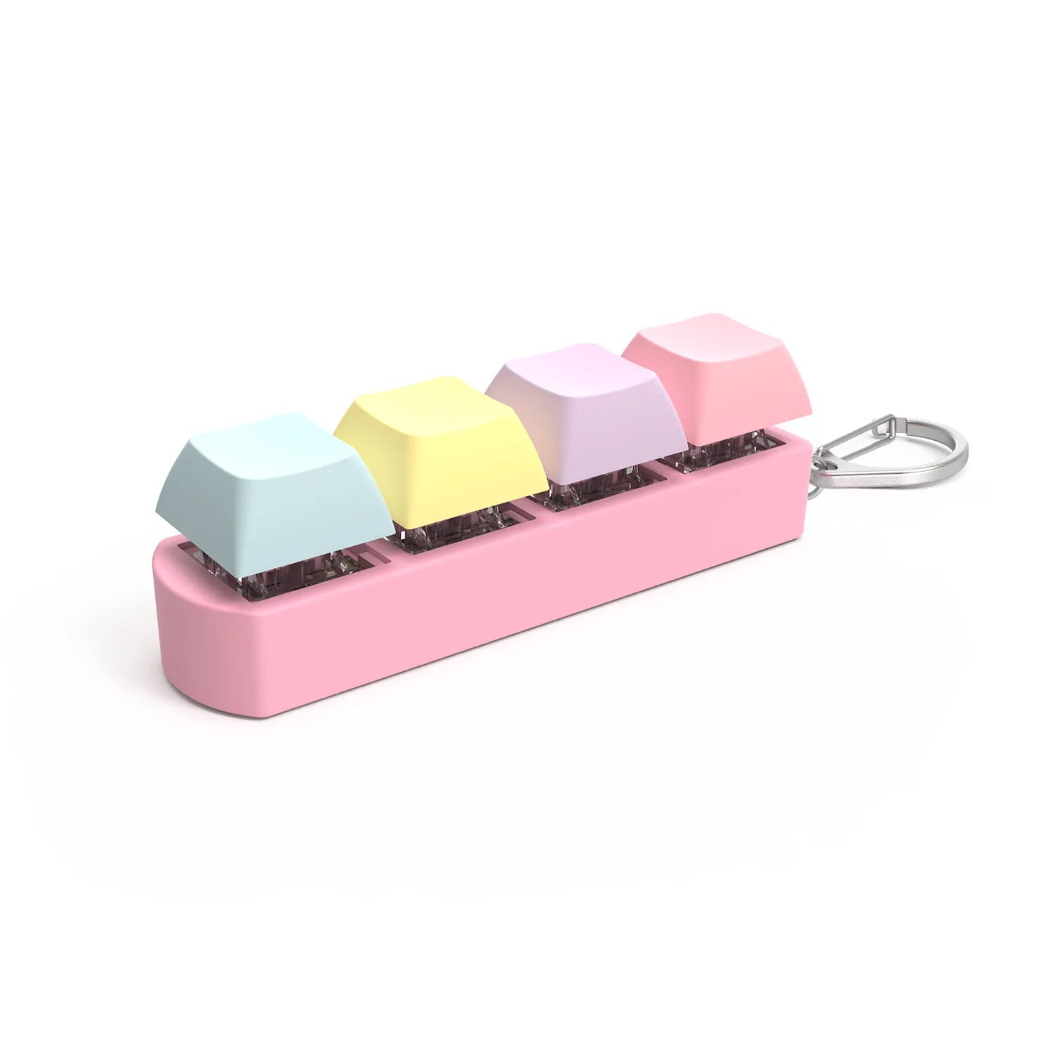 The 4Keys Finger Button Anti Stress Toys keychain features colorful mechanical keyboard keycaps on a pink base with a silver keyring—ideal as an office decompression and calming gift for kids and adults.