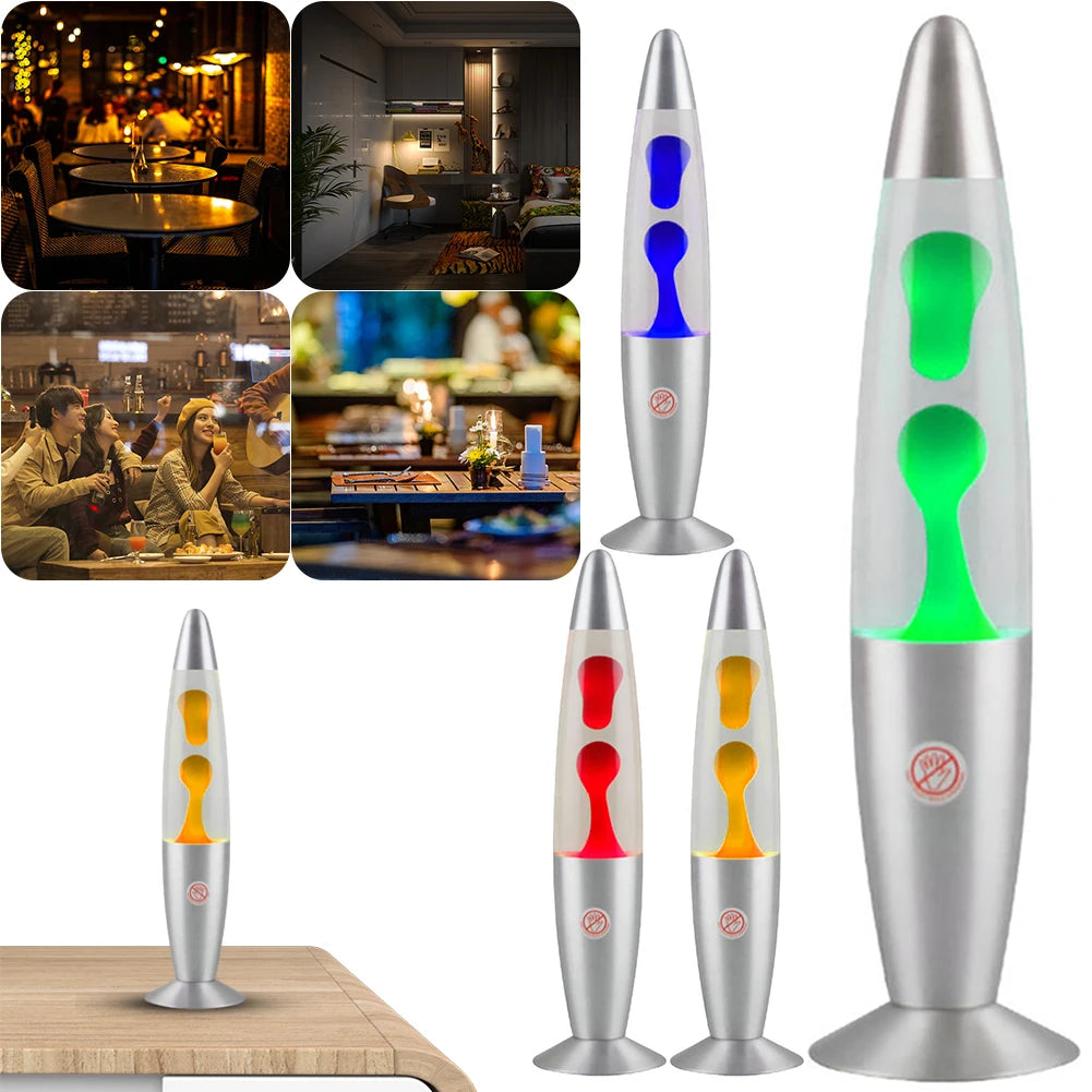 The Luminous Volcano Lava Jellyfish LED Night Light, a creative 25W atmosphere lamp, displays colorful interiors—green, yellow, red, and blue—in dining and living rooms with warm lighting. They create a relaxing ambiance perfect for any occasion in your home decor.