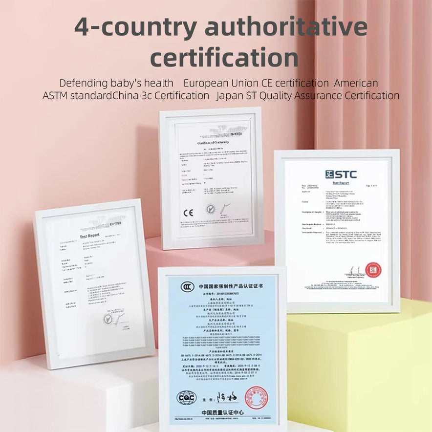 Five certificates for the Romboss Magnetic Educational Architecture Puzzle are displayed. The text reads 4-country authoritative certification featuring EU CE, US ASTM, China 3C, and Japan ST Quality Assurance. They rest on a pink and yellow backdrop, emphasizing safety and quality.