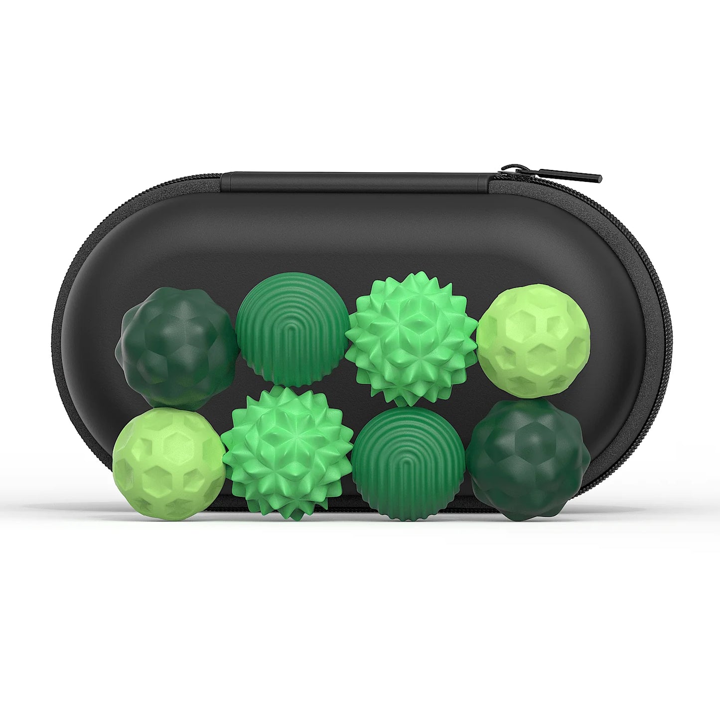 The 4Pcs 8PCS Silicone Magnetic Balls Set in green-8pcs comes in a black zippered oval case and includes eight textured balls with unique surface patterns to help calm restless hands and soothe an anxious mind.