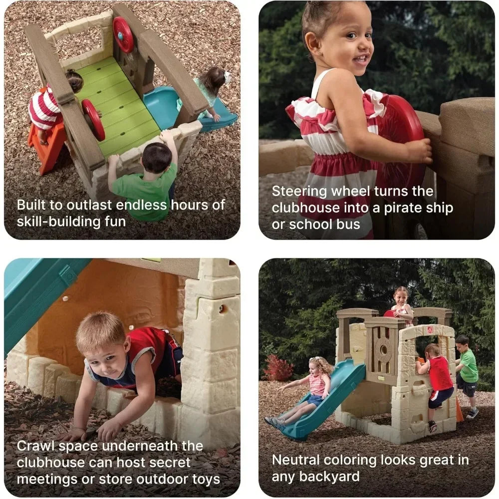 Four images show children ages 2–6 playing outdoors on the Woodland Climber II Kids Playset, featuring a tan design with a red toddler slide, steering wheel, crawl space, and ladder. Captions highlight durability, imaginative play, secret spaces, and neutral colors.