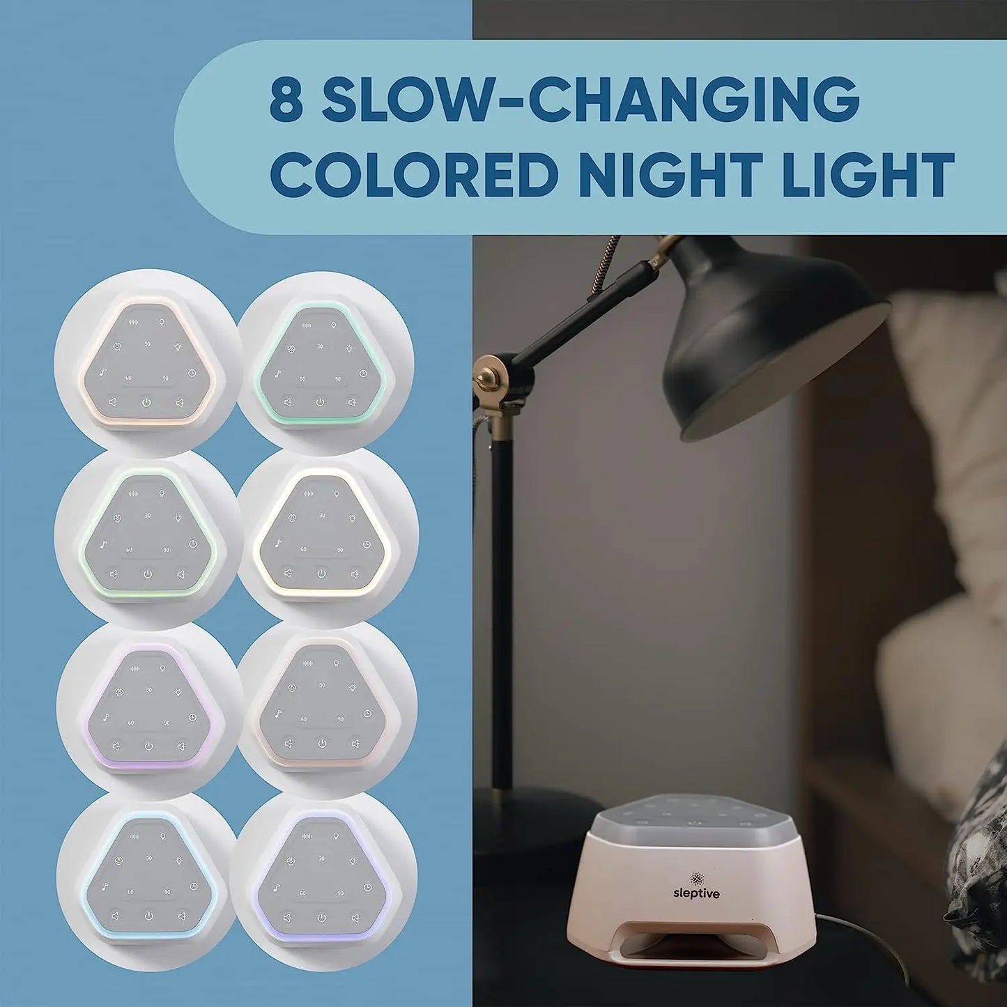 A photo depicts the Rechargeable Baby Sleep Sound Machine featuring a lamp and USB charging. This Steptirve night light offers 8 slow-changing colors shown nearby. Its triangular design has control buttons and a convenient timer for automatic shutdown.