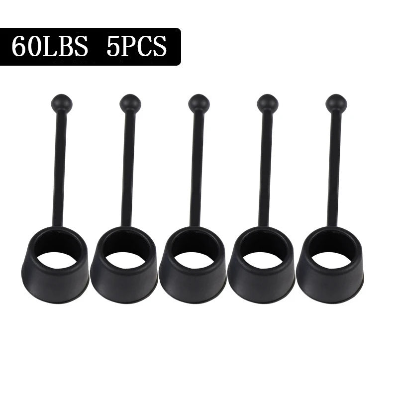 Five black rubber suction cups with handles in a row make an excellent Grip Trainer. Labeled 60LBS 5PCS, they enhance hand strength as the Forearm Grip Strengthener - Hand and Finger Trainer for Enhanced Grip Power.