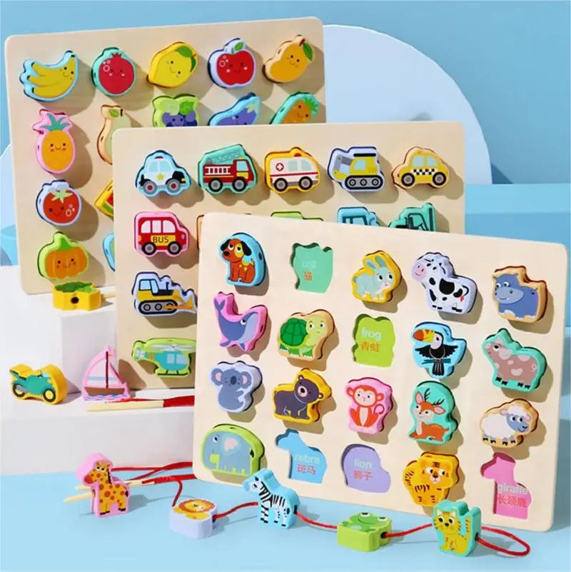 The New Children Wooden Toys set includes colorful wooden beads in animal and vehicle shapes like a giraffe, zebra, dinosaur, fire truck, and school bus. With a blue background for contrast, its perfect for imaginative play with threading options that enhance educational experiences.
