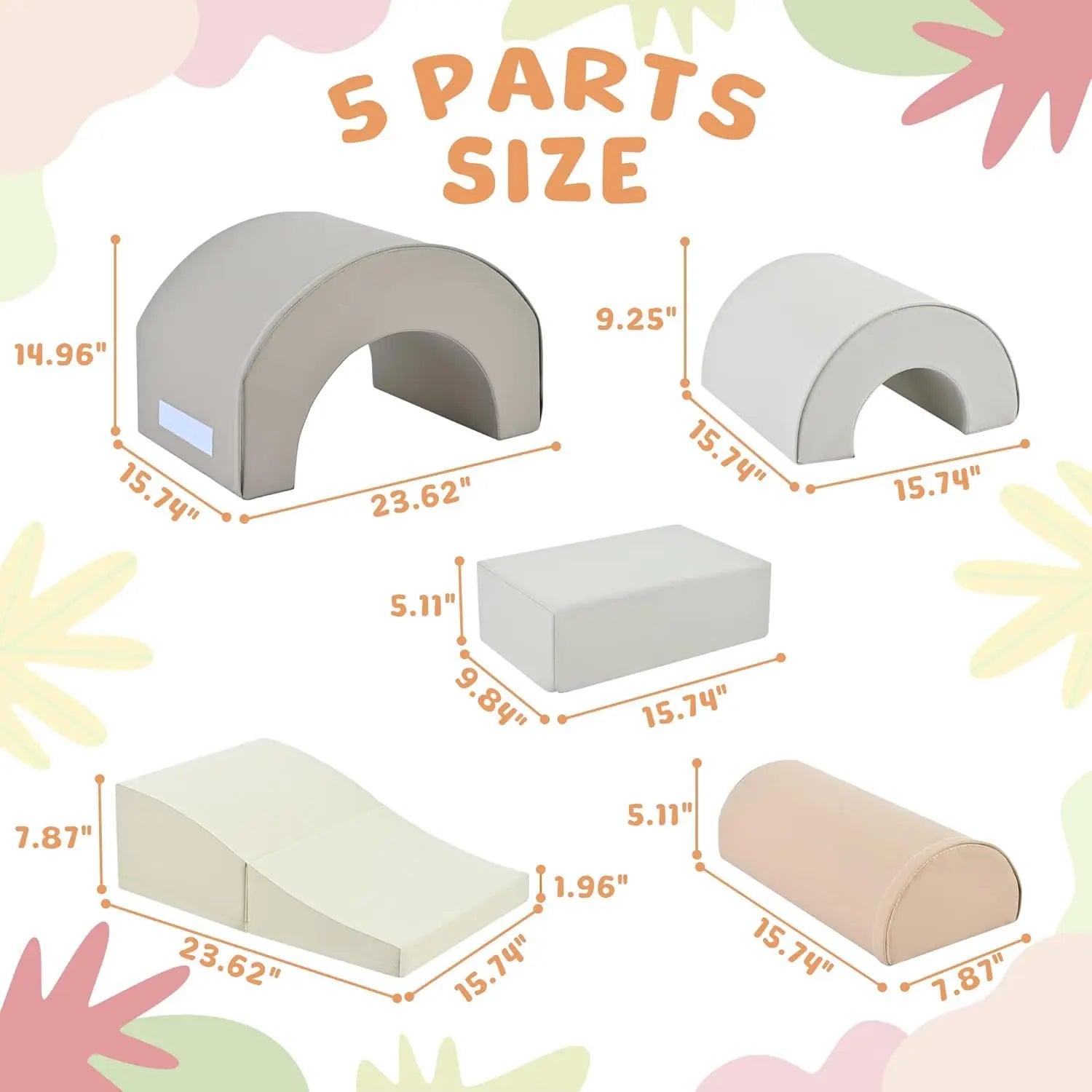 The Rainbow Soft Play Set includes five neutral-colored soft foam blocks—arches, rectangle, wedge, and cylinder—for ages 6-12. Each piece has labeled inch dimensions and is set on a pastel floral background; set features a foldable slide for climbing and crawling.