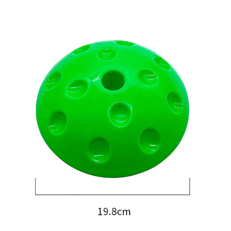 A green, dome-shaped plastic object with circular indentations, 19.8 cm in diameter, is part of the Montessori-Inspired Kids Balance Stepping Stones for Sensory Play and Social Skills Development, enhancing sensory integration and motor skills.