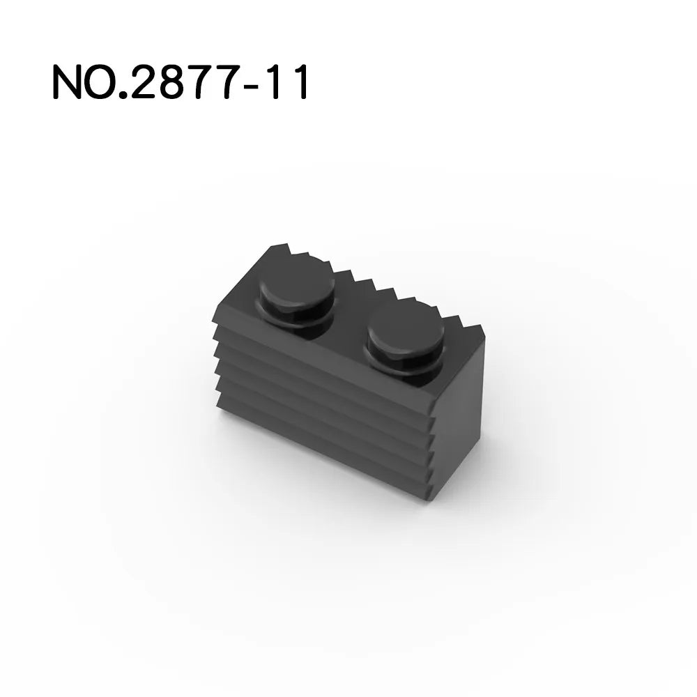 A set of 50 black MOC Parts 2877 Brick Modified 1 x 2 with Grille Fluted Profile, compatible with Lego, is shown on a white background. The text NO.2877-11 appears in the upper left corner.