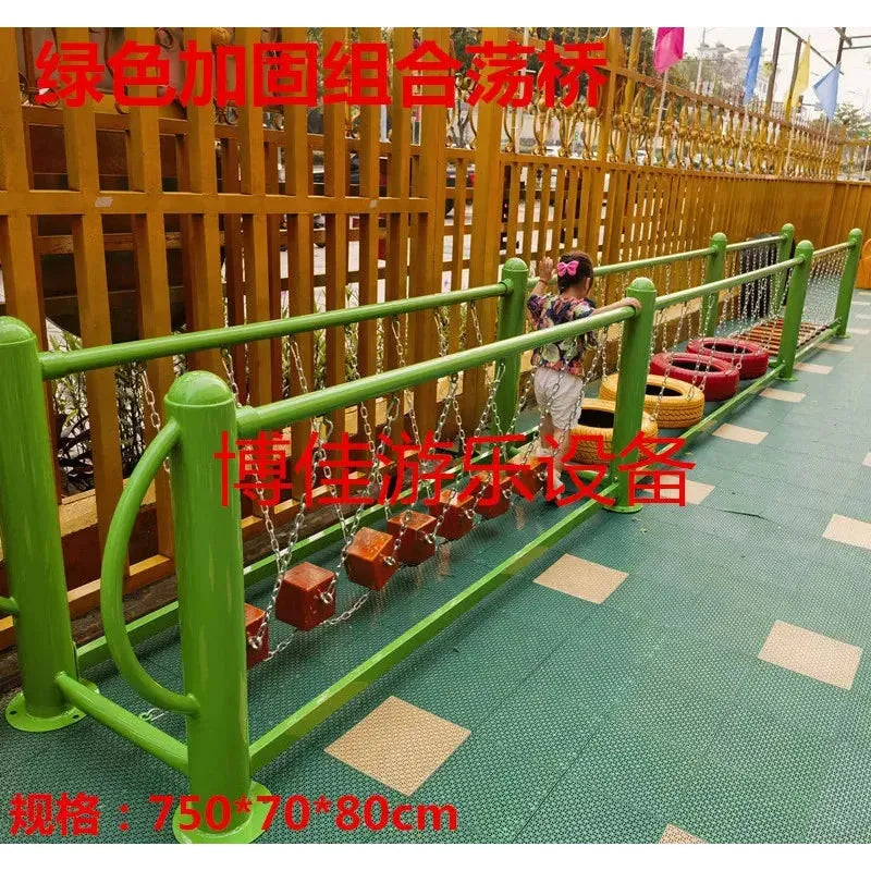 A child enjoys an outdoor play structure featuring swings, climbing nets, and swinging bridges in reinforced green com. Unisex toys like colorful elements surround them on safety mats, with a wooden fence in the background as text overlays the image.
