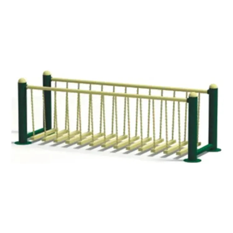 The outdoor toys Swinging Bridge features green posts and yellow railings with wooden slats suspended by chains, forming an arched path. Its suitable for all to walk across and enhances any collection of unisex childrens sports equipment.