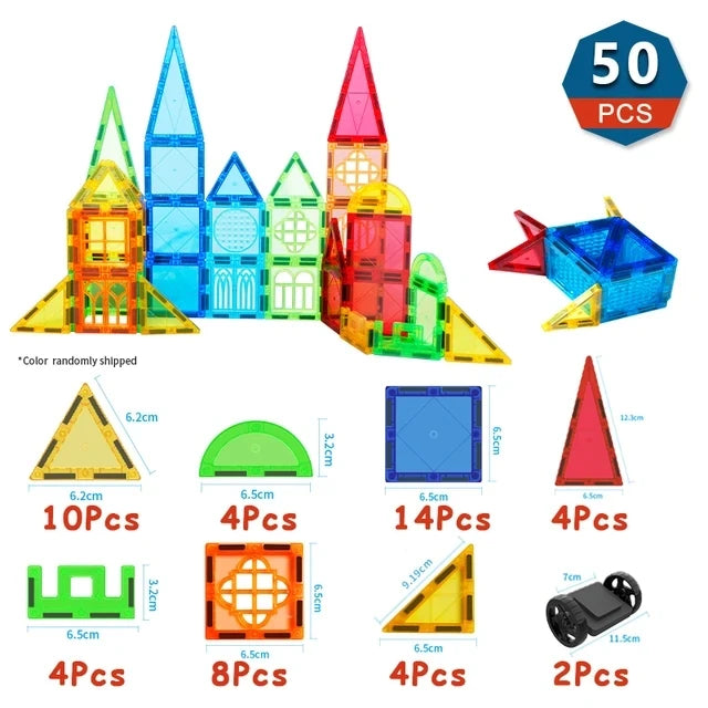 The Romboss Magnetic Educational Architecture Puzzle is a colorful 50-piece set featuring various shapes, including triangles and squares. Ideal for STEM learning, it displays quantities and measurements of each type with versatile building options like castles and fish figures for creative kids.