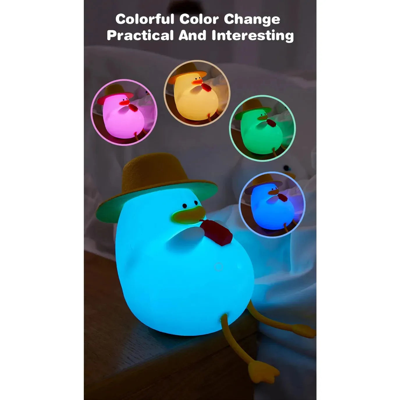 The Cute Cartoon Duck Rechargeable LED Night Light is a silicone lamp wearing a hat and bow tie, glowing in blue, pink, green, and orange. Its labeled Colorful Color Change Practical And Interesting and is ideal as a portable night light for any room or a perfect birthday gift.