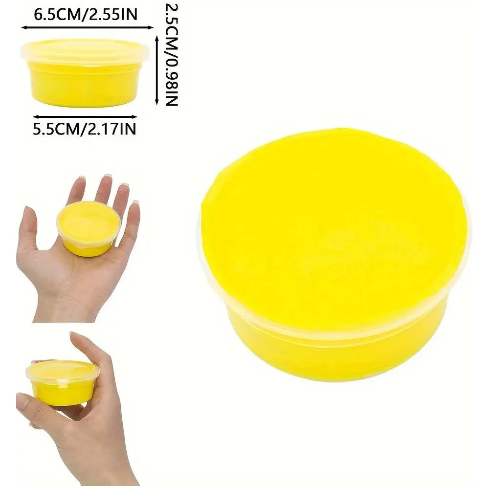 A yellow Sensory 60ml Butter Slime Polymer Putty container, 6.5 cm in diameter and 2.5 cm high, is shown in a persons hand for scale, ideal for storing putty. The round container with a lid is compared from different angles alongside labeled dimensions.