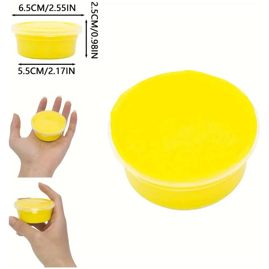 A yellow Sensory 60ml Butter Slime Polymer Putty container, 6.5 cm in diameter and 2.5 cm high, is shown in a persons hand for scale, ideal for storing putty. The round container with a lid is compared from different angles alongside labeled dimensions.