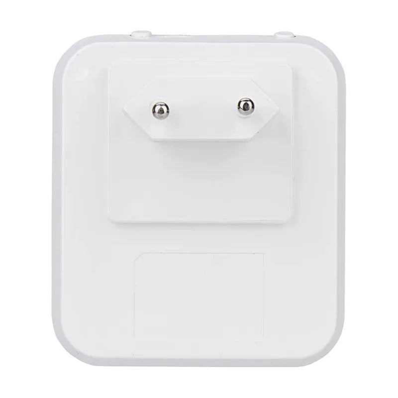 Back view of a white, energy-efficient EU plug adapter with two prongs, rectangular with rounded edges. Designed to complement your Dimmable Motion Sensor LED Night Light for babys room, bedroom, or corridor.