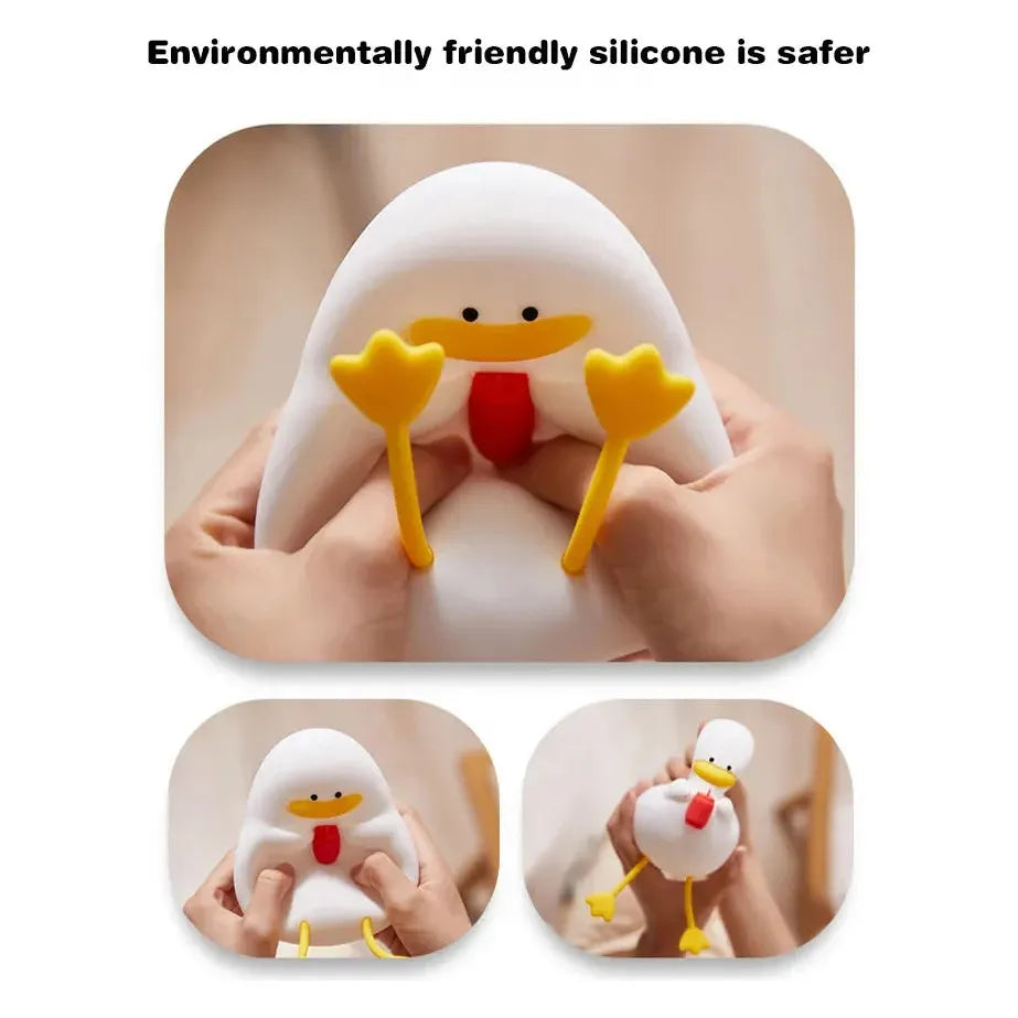 A person squeezes a soft, chicken-like stress toy with a yellow beak, wings, and feet. Three images show it being stretched and squished. Text reads, Our eco-friendly silicone is safer. Pairs perfectly with the Cute Cartoon Duck Rechargeable LED Night Light for cozy nights.